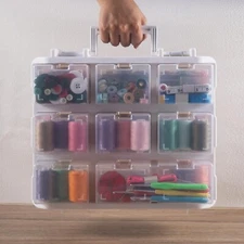 Double Sided Thread Box Storage 16 Grids Sewing Organizer Clear Plastic Threa...