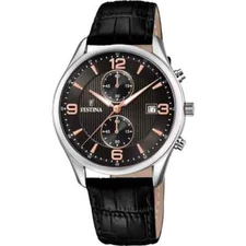 Festina Timeless F68557 Mens Black Leather Strap Chronograph Dial Wristwatch