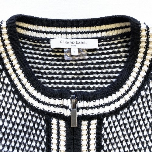 Gerard Darel Paris Black White Knit Wool Blend Cardigan Sweater Zip Jacket Sz L - Picture 3 of 8
