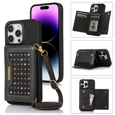 Crossbody Phone Case Bling Leather Wallet Card Holder Cover For iPhone & Samsung