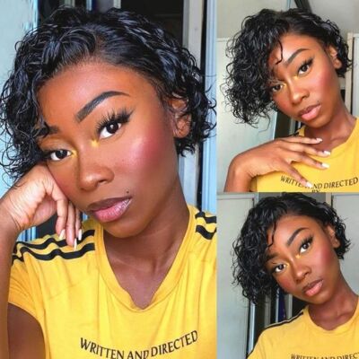 Pixit Cut Curly Wave 100% Human Hair Wig Natural Black Lace Front Wigs Daily Use