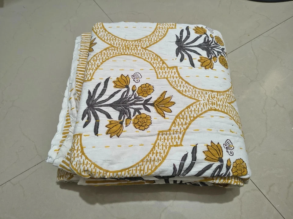 Cotton Kantha Quilt Hand Block Indian Blanket Bedspread Throw Floral Twin Size - Image 4 of 4