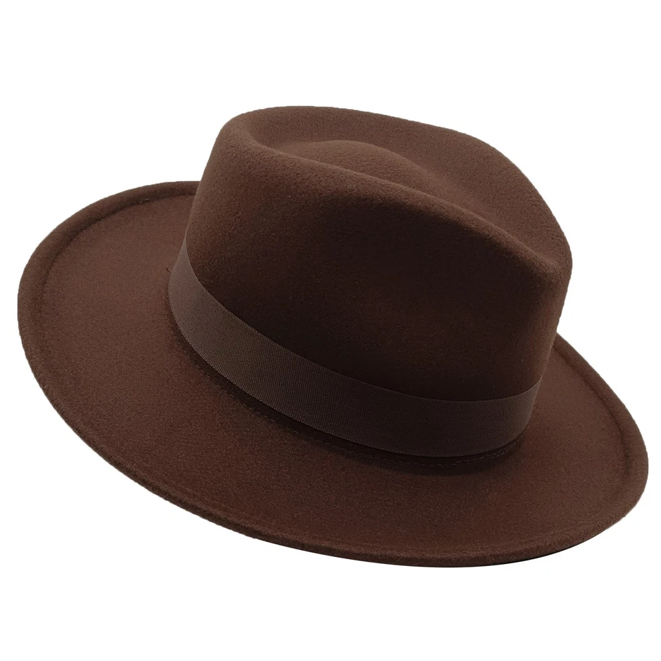 Premium Wool Felt Indiana Jones Fedora Hat W/Grosgrain Band Crush-able Outdoors - Image 2 of 4