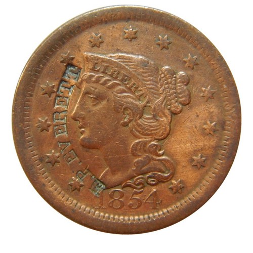 Large cent 1854 counterstamp E.P. Everett - Picture 1 of 3