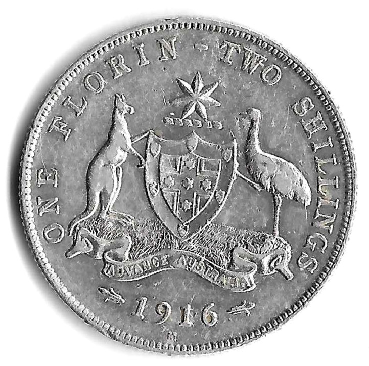 1916-M - Australia - Florin ( Two Shillings ) - .925 Silver - XF +       ( BX-3)