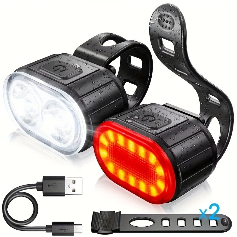 2x Mountain Bike Lights USB Rechargeable Bicycle LED Torch Front Rear + Lamp Set