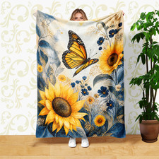Butterfly Sunflowers Soft Fleece Blanket Blue Flowers Watercolor