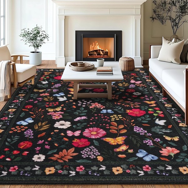 Teppich Boho Kurzflor Waschbar 160X230Cm Blumen Design Rutschfest Schwarz-image