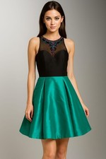 Elegant Sleeveless Cocktail Dress -Black Bodice- Teal Skirt Beaded Mesh Neckline