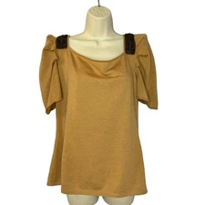 ESCADA Cashmere Tan Pugg  Short Sleeve Sweater Square Neck Applique Bead Sz 44 L