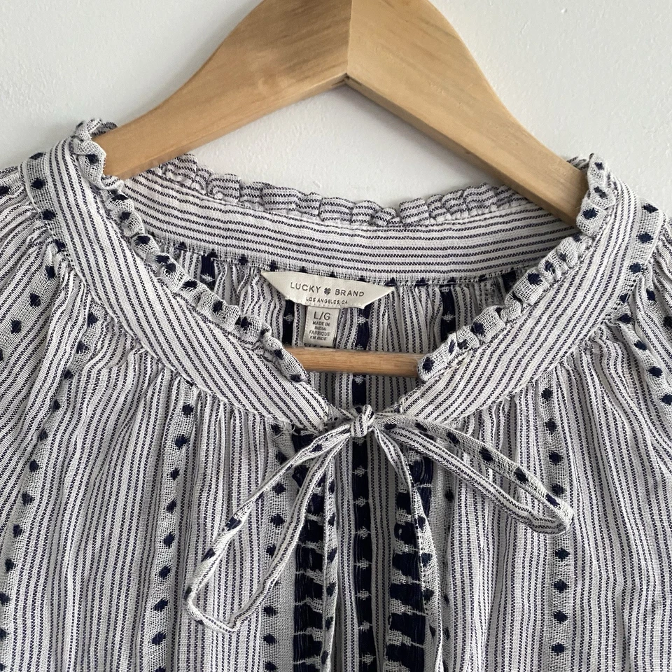 Lucky Brand Womens Shirt Stripe Diamond Boho White Black Tribal Tie Linen Like - Image 2 of 4