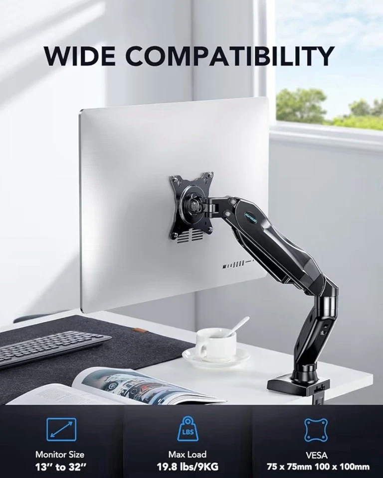 HUANUO Montaje de Monitor Único, Brazo de Monitor de Gas de 13 a 32 Pulgadas, Soporte Ajustable,... Foto 2 de 4