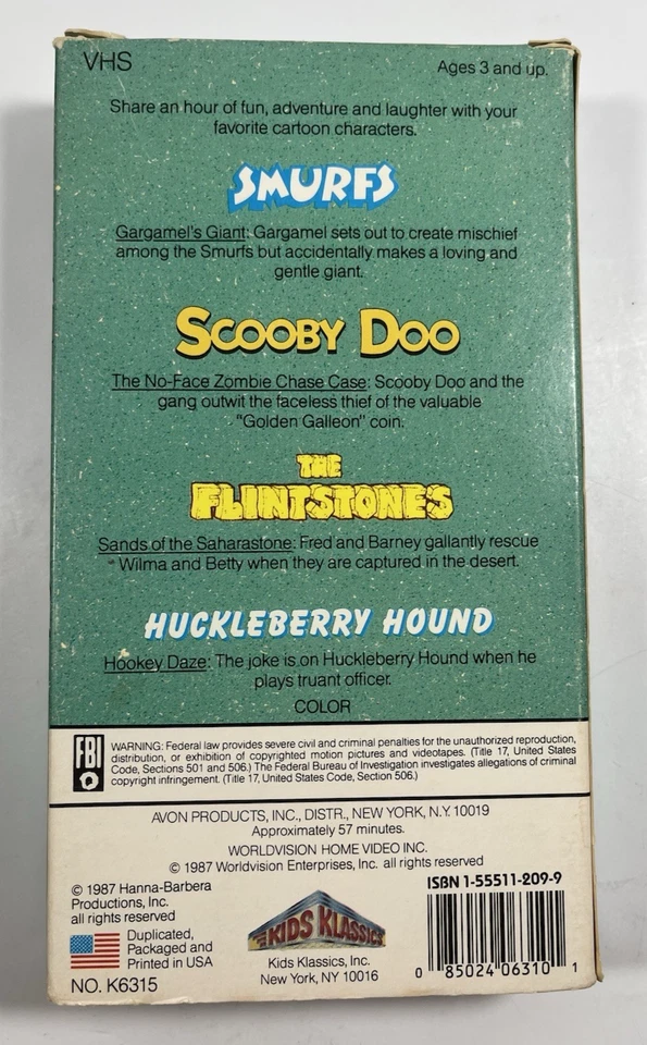 Cartoon Classics - Smurfs,  Scooby Doo, Flintstones huckleberry VHS tape 1987  - Image 2 of 4