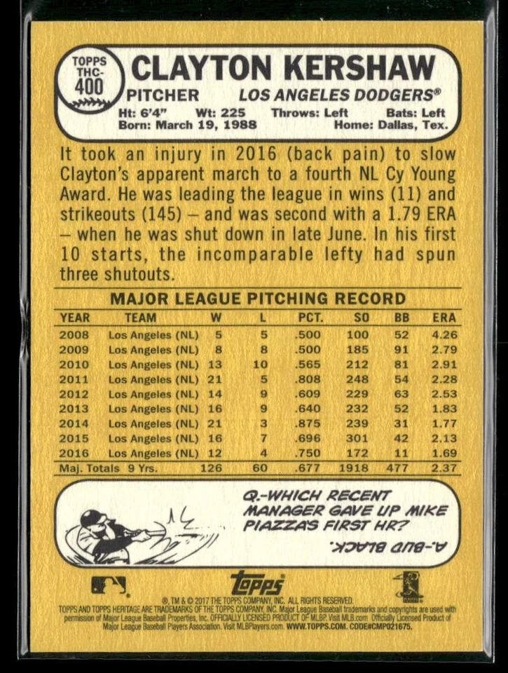 2017 Topps Heritage #THC-400 Clayton Kershaw Chrome Purple Refractor - Image 2 of 2
