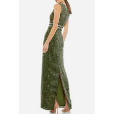 MAC DUGGAL Sleeves High Neck Sequin Mesh Column Gown in Olive Green 93603 Sz 6