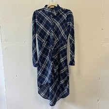 Love Notes Navy Blue Plaid High Low Button Down Shirtdress Dress Long Sleeve Med