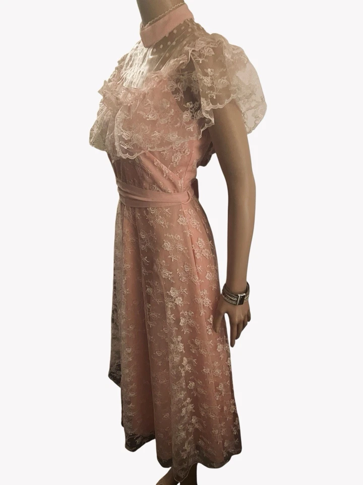 Vestido De Encaje Vintage Años 60 Gunne Sax Estilo Malla Volantes Coqueta Kawaii Rosa S Foto 4 de 4