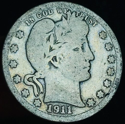 1911 D Barber Quarter 25C Liberty Head Ungraded 90% Silver US Coin CC27668