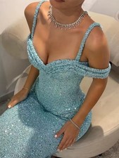 Light Blue Sequin Off Shoulder Sleeveless Long Backless Gown Dress