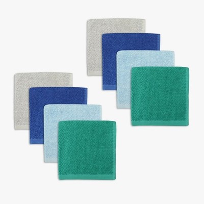 Your Zone 8 Pack Kids Wash Cloths Cotton Blended Fabric, Blue, Teal, and Gray