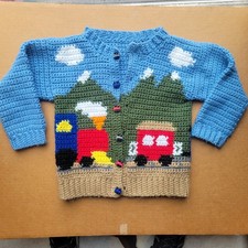 Vintage Handmade Kids Train Knit Sweater Cardigan Blue and Tan, train buttons