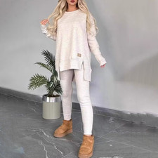 Women's 2-Piece Lounge Set, Casual Long Sleeve Side Slit Sweatshirt Outfit With 