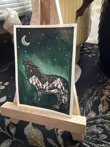 Wolf Under Moon and Stars, ACEO, Dystracted Metaphysical Arts, Watercolor