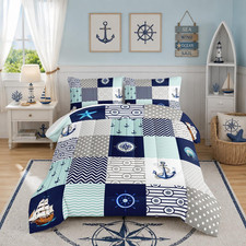 Nautical Queen Comforter Set, Sailboat Anchor Print, Navy Blue Bedding