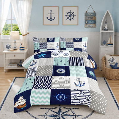Nautical Queen Comforter Set, Sailboat & Anchor Print, Navy Blue Bedding