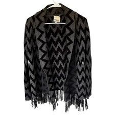 Olive & Oak Cardigan Sz M Women Black Gray Tassels Open Front Autumn Fall Casual