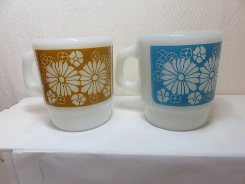 1 Vintage  Fire King 1 Anchor Hocking milk glass gold and blue daisy coffee mugs