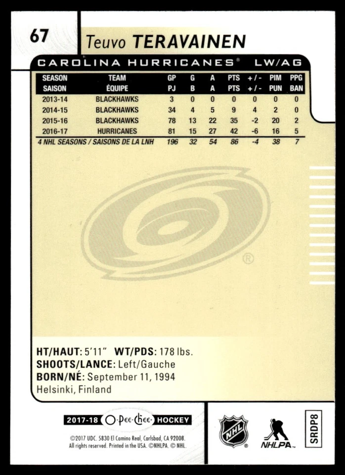 2017-18 O-Pee-Chee SILVER FOIL Teuvo Teravainen Carolina Hurricanes #67 - Image 2 of 2