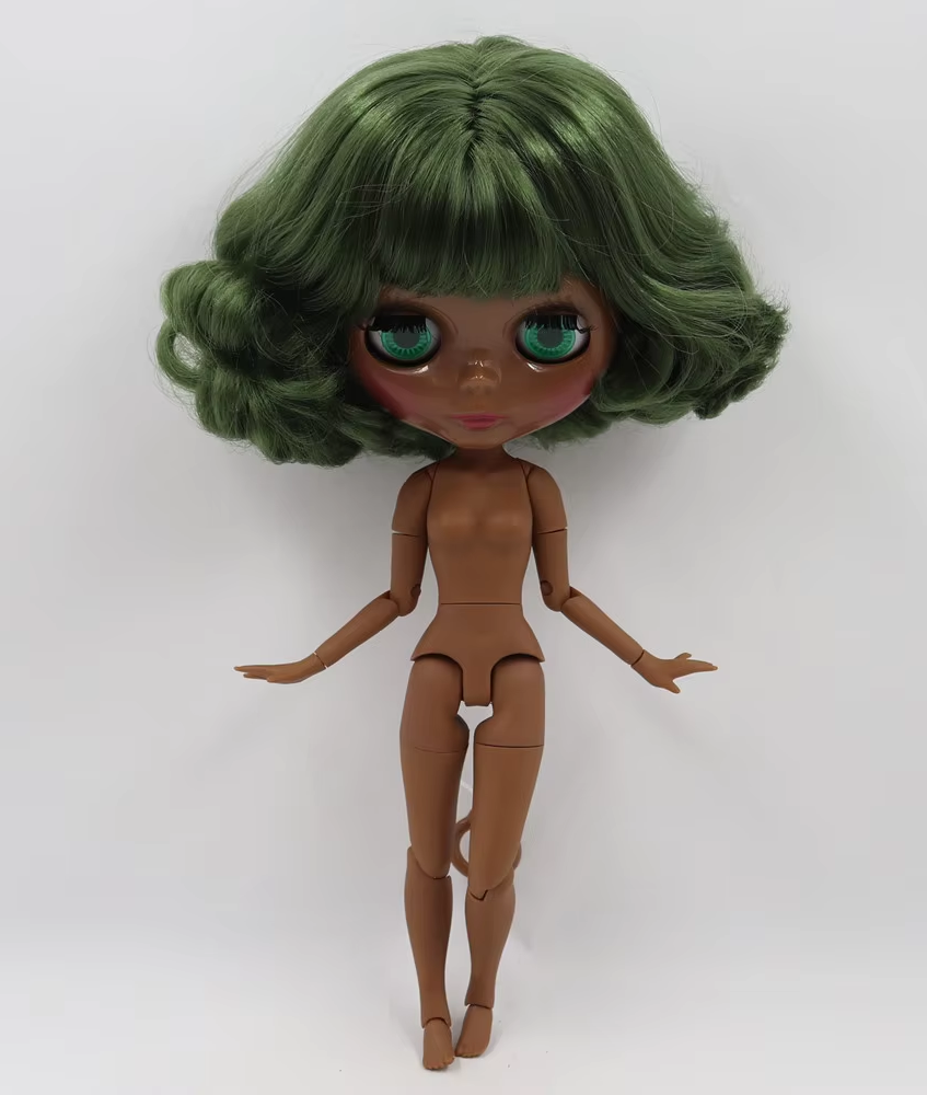 Neo Blythe BJD Doll with Glossy Black Skin and Green Hair