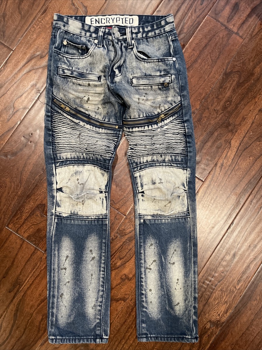 Encrypted Blue Jeans Distressed Grunchy Zippers Boy Sz 12 (26X25