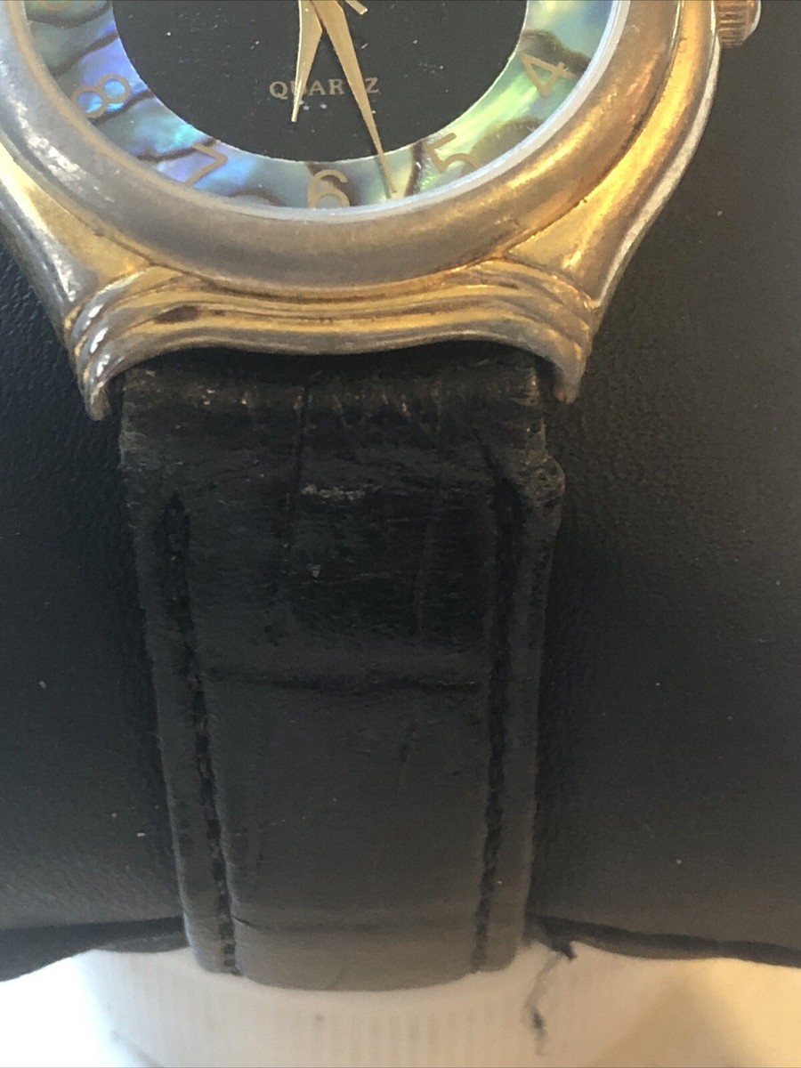LA Express Abalone Ladies Watch Black Leather Band Round 34 