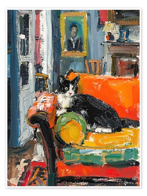 Poster Schwarz-weiße Katze auf dem Sofa - Felipe Hora