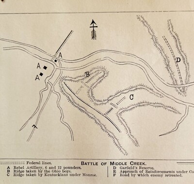 Battle Middle Creek Map 1881 Civil War Garfield Wood Engraving Victorian DWFF7