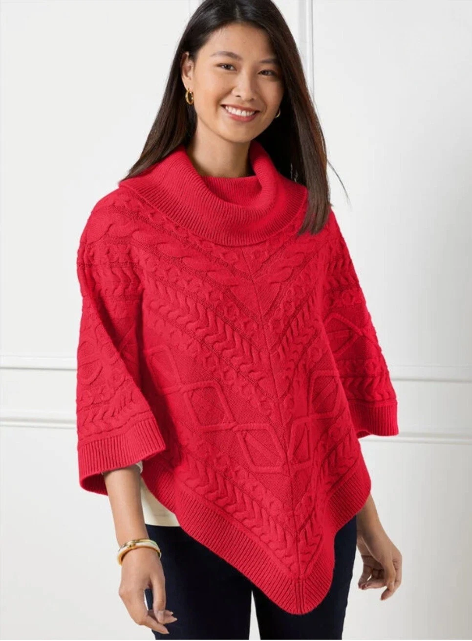 NEW! Talbots Cable Knit Triangle Poncho Cowl Neck Pullover Chunky Knit Red Med
