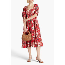 Ulla Johnson Nora Dress Scarlet Red Size 6 Floral Patchwork Midi Peasant Tiered