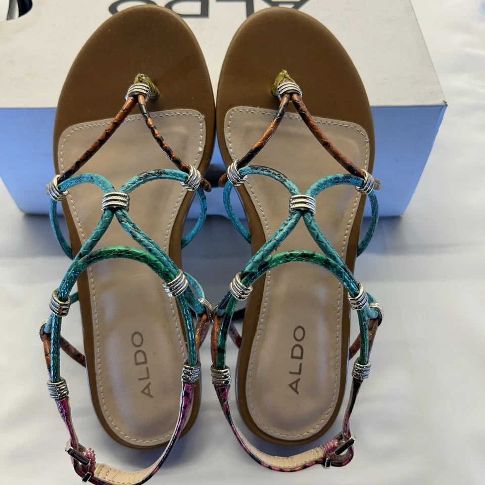 ALDO Snake Print Multi Color Strappy Flat Gold Accents Women SZ 5 New in Box - Image 2 of 4