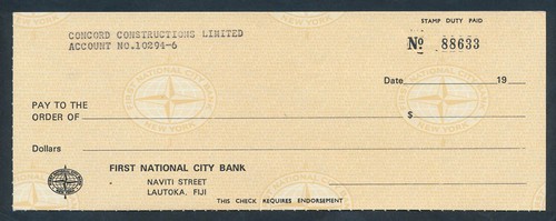 Fiji: USA 1970s First National City Bank SCARCE CHEQUE ON "LAUTOKA" ....