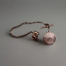 Vintage Pocket Watch Chain w/ Art Nouveau Scroll Engraved Fob, Belt Clip & T-Bar