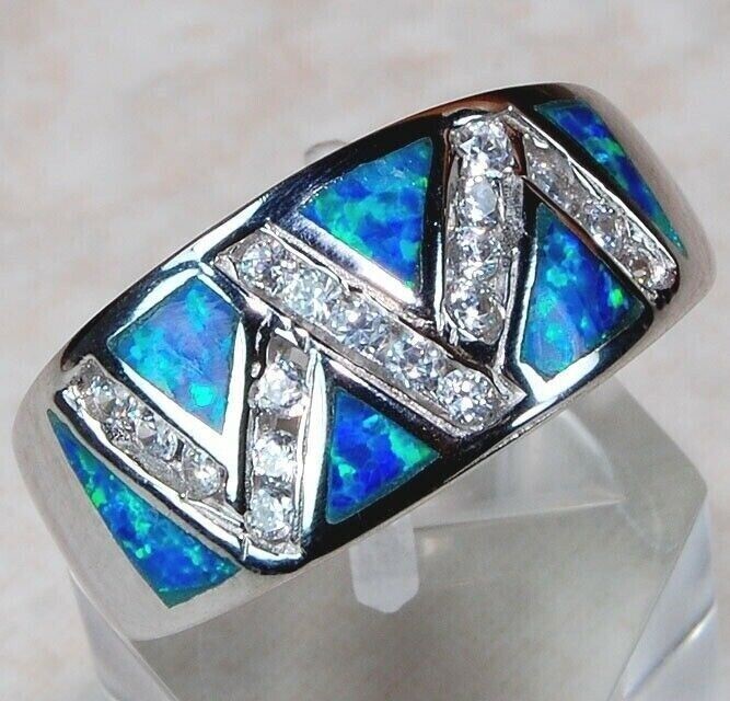 Australian Opal Inlay & Topaz 925 Solid Sterling Silver Ring Jewelry Sz 8 DT2