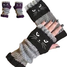Women  s Knitted Fingerless Gloves w/ Cat Print Color Splicing Arm Warmers Gloves