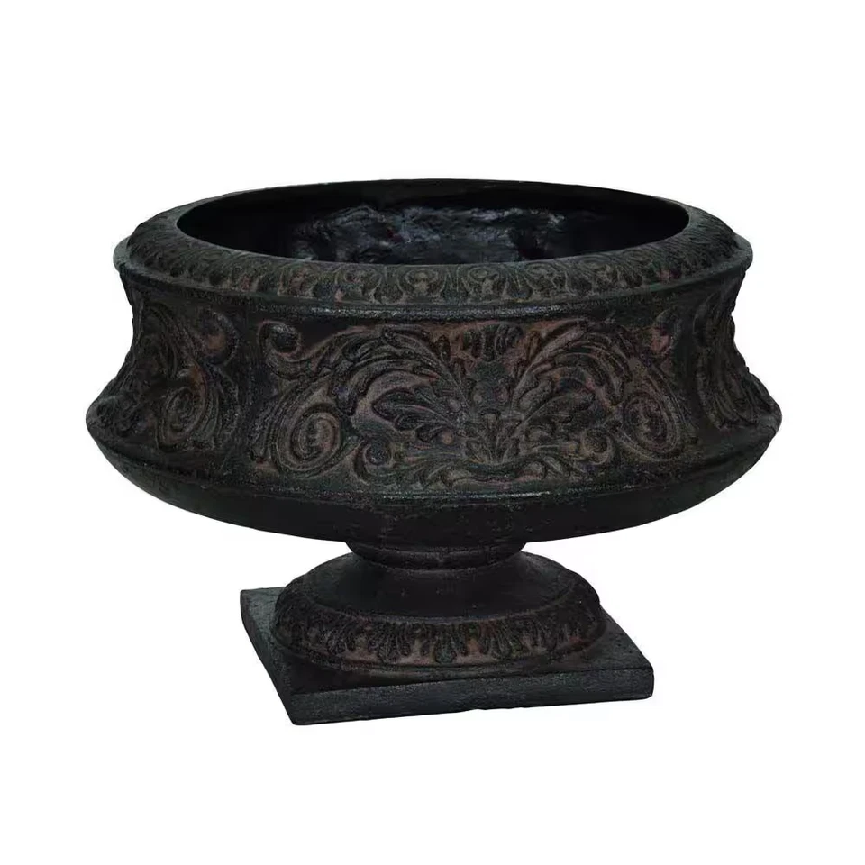 16-1/4 pulgadas X 10-3/4 pulgadas Urna baja ornamentada de fibra de vidrio de piedra fundida en carbón envejecido Foto 3 de 4