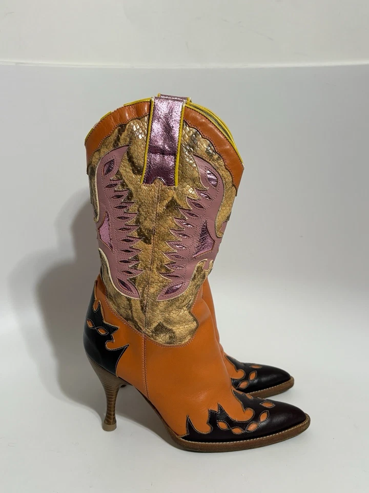 Botas de Vaquero Dolce & Gabbana D&G Naranja Piel de Serpiente Cuero 35 De Colección Foto 3 de 4