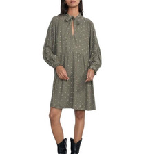 Zara Womens Olive Green Swiss Dot Long Sleeve Tiered Tie Neck Trapeze Dress Sz S