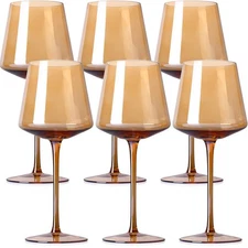 Amber Wine Glasses Set of 6-16oz Hand-Blown Amber Wine Glass with Long Stem U...
