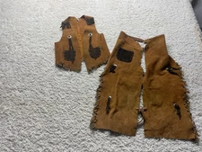 Vintage Kids Leather Chaps And Vest Cowboy Rodeo Size L 10/12