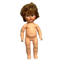 Vintage Baby Girl Doll 8" Light Brown Curly Hair Blue Eyes Vinyl Nude Pouty